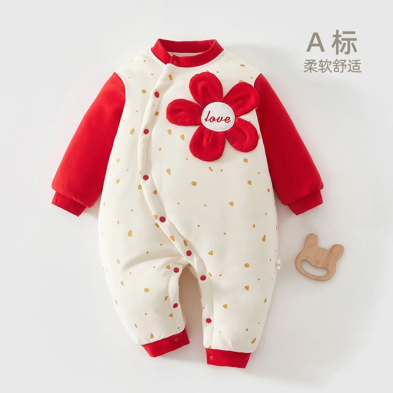 The girl's crawling suit is padded with cotton